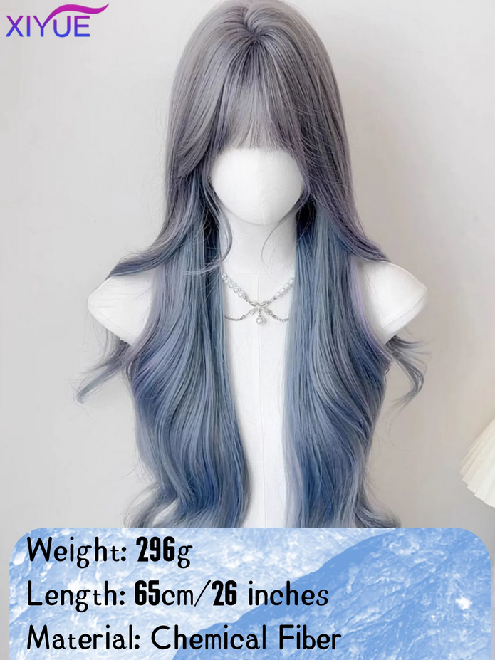 Blue with Grey Highlight Long Straight Synthetic Wigs with Bangs