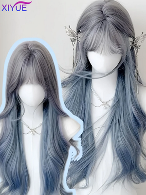 Blue with Grey Highlight Long Straight Synthetic Wigs with Bangs
