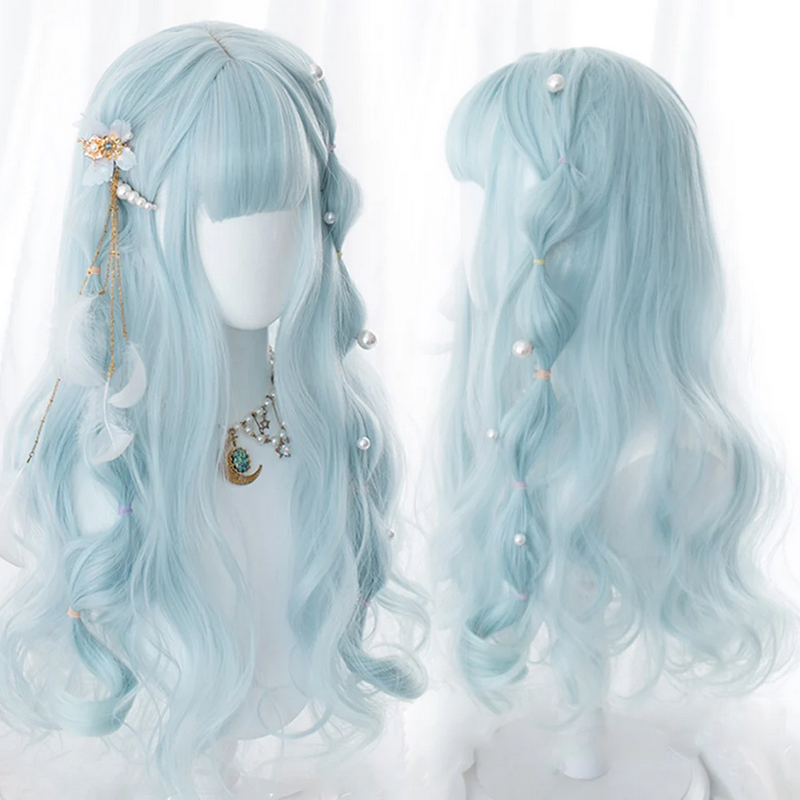 Kawaii Sea Blue gradient girl bangs Lolita Cosplay wig