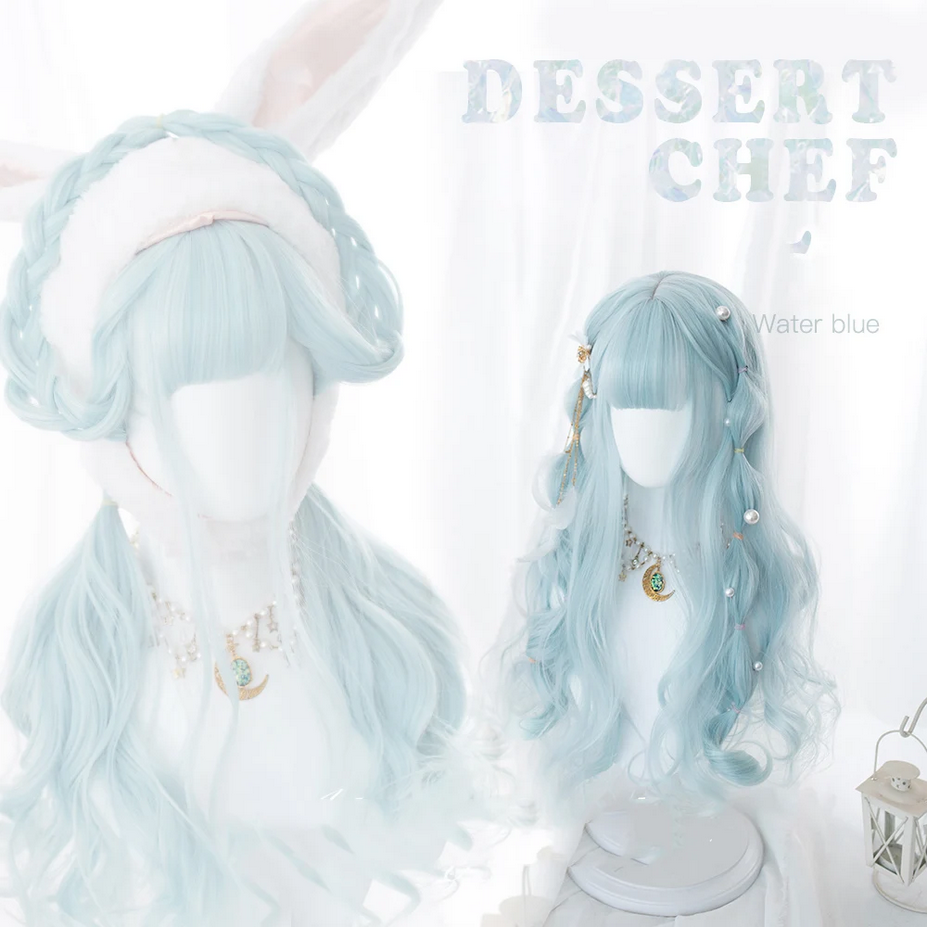 Kawaii Sea Blue gradient girl bangs Lolita Cosplay wig