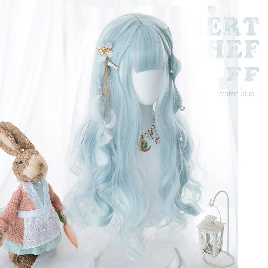 Kawaii Sea Blue gradient girl bangs Lolita Cosplay wig
