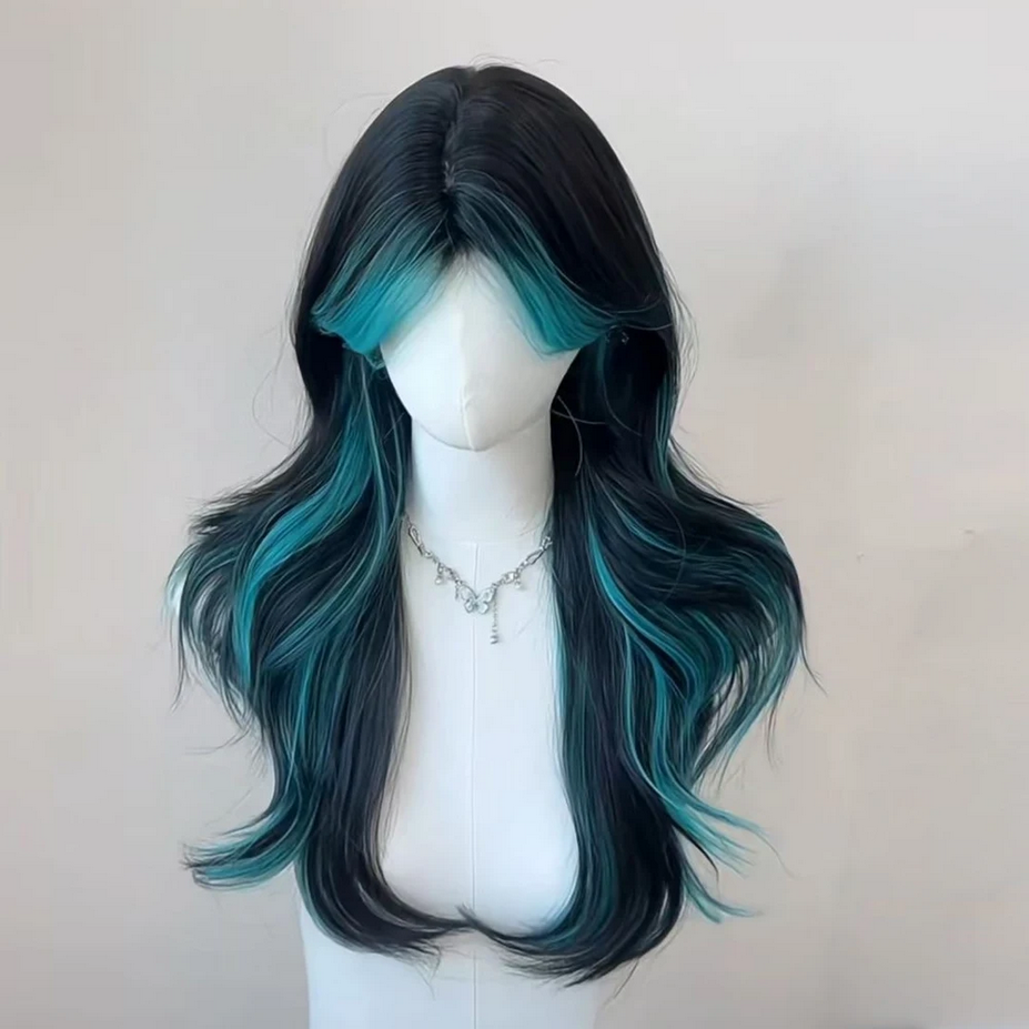 Black Blue Highlights Long Wavy Lolita Wig