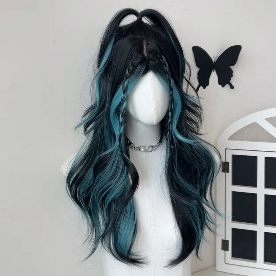 Black Blue Highlights Long Wavy Lolita Wig