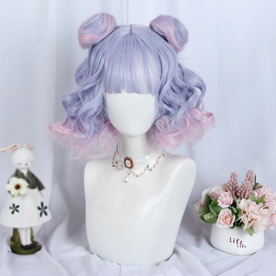 Curly Ombre Purple Pink Short Wigs with Bangs