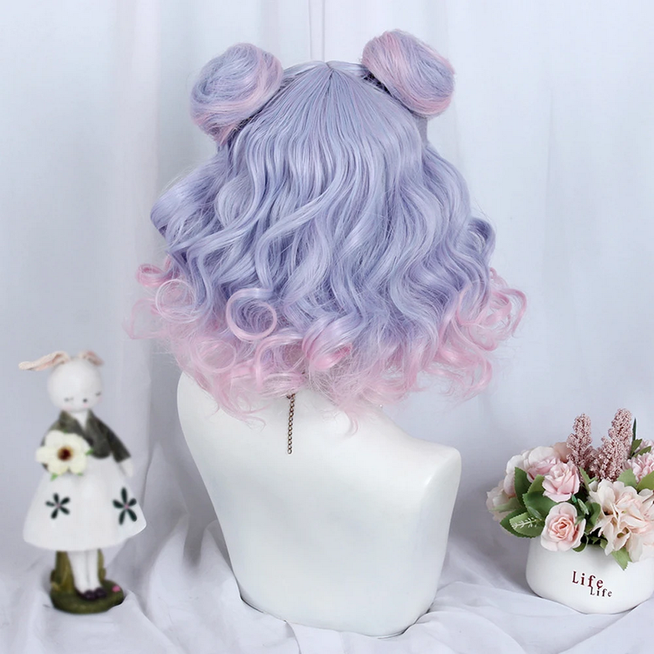 Curly Ombre Purple Pink Short Wigs with Bangs