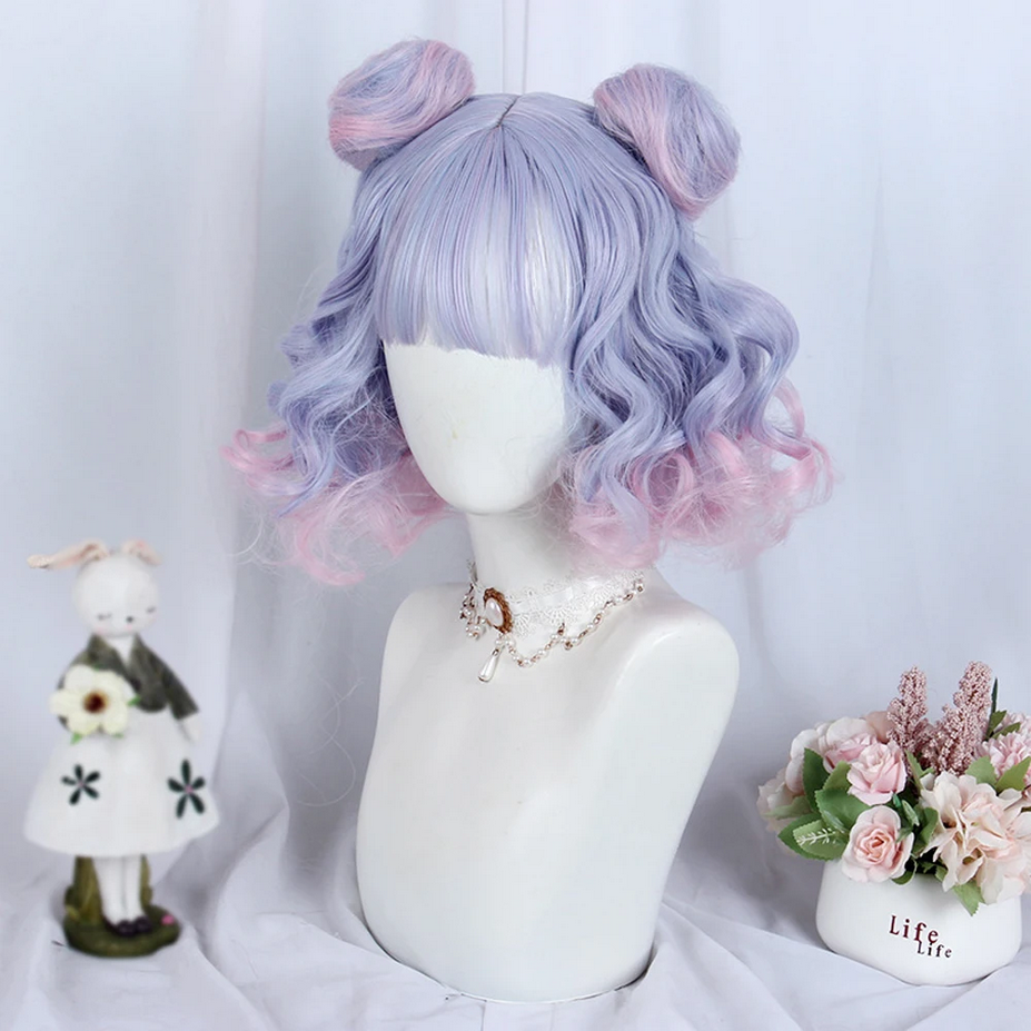 Curly Ombre Purple Pink Short Wigs with Bangs