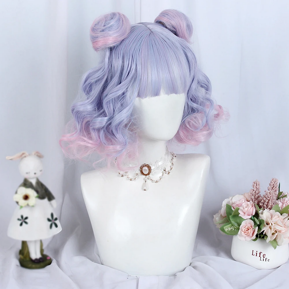 Curly Ombre Purple Pink Short Wigs with Bangs
