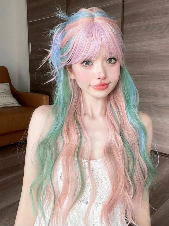 28 Inch Iridescent Rainbow Color Multi Color Synthetic Wigs