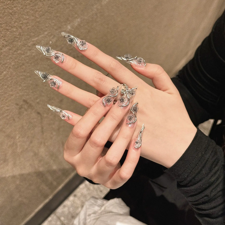 French Rose Thorn Transparent  10pcs Teardrop-shaped Press-on Nails