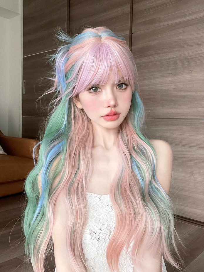 28 Inch Iridescent Rainbow Color Multi Color Synthetic Wigs