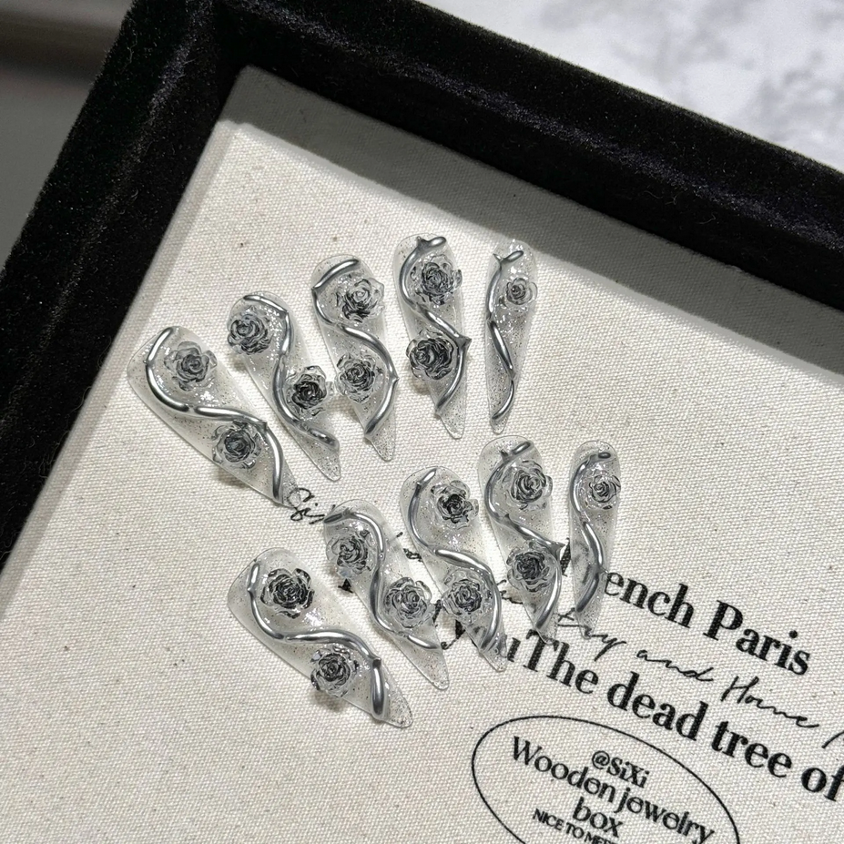 French Rose Thorn Transparent  10pcs Teardrop-shaped Press-on Nails