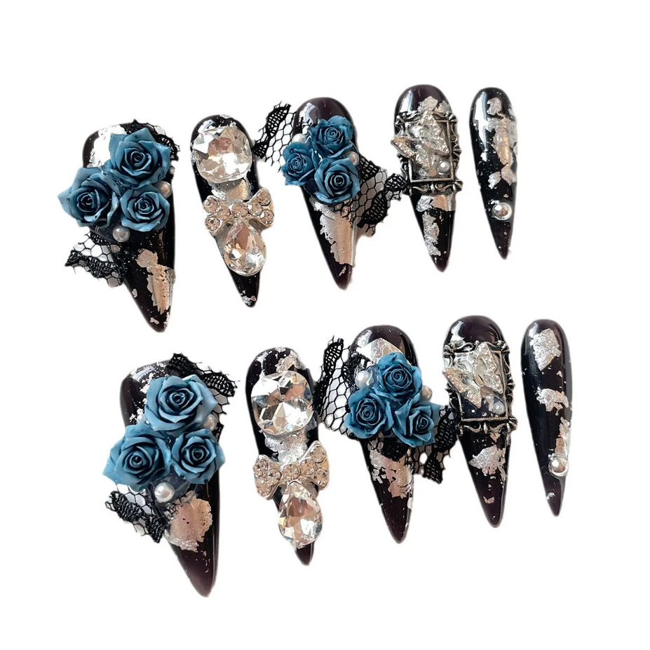 10pcs Handmade Press on Nails Blue Fairy Rose Design