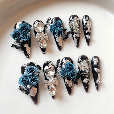 10pcs Handmade Press on Nails Blue Fairy Rose Design