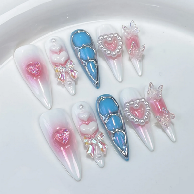 10pcs Kawaii  Aurora Gradient Pink Stiletto Almond Press On Nails