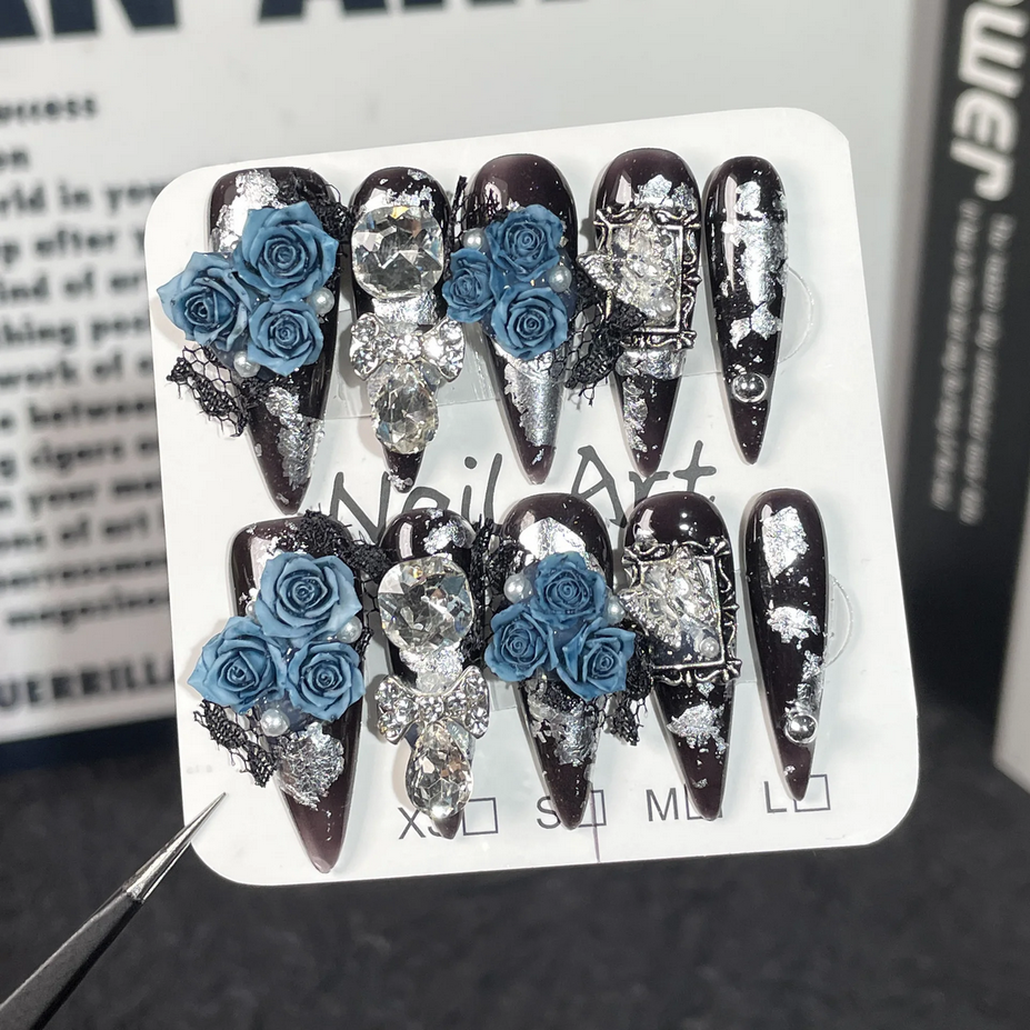 10pcs Handmade Press on Nails Blue Fairy Rose Design