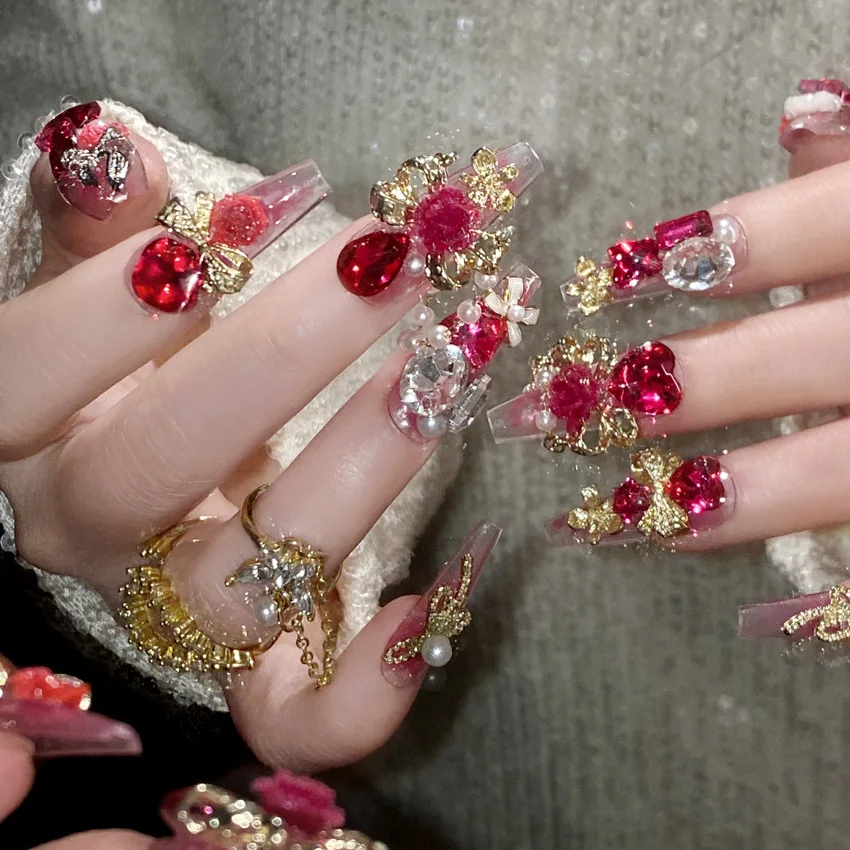 24pcs Handmade Luxury Red Crystal Design False Nails
