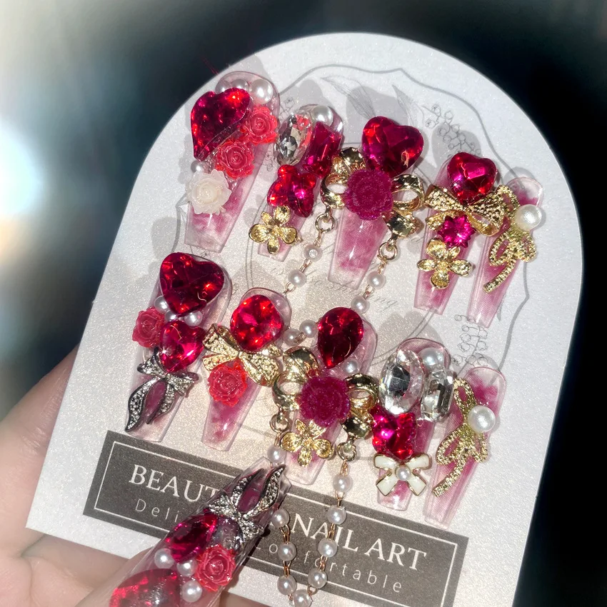 24pcs Handmade Luxury Red Crystal Design False Nails
