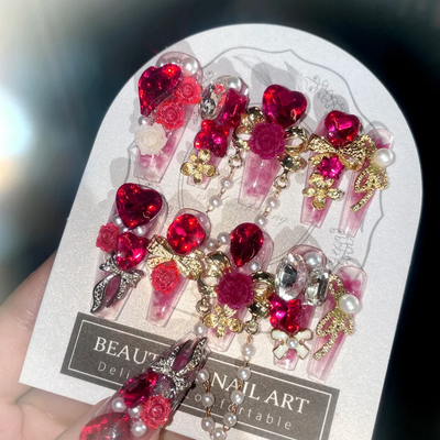 24pcs Handmade Luxury Red Crystal Design False Nails