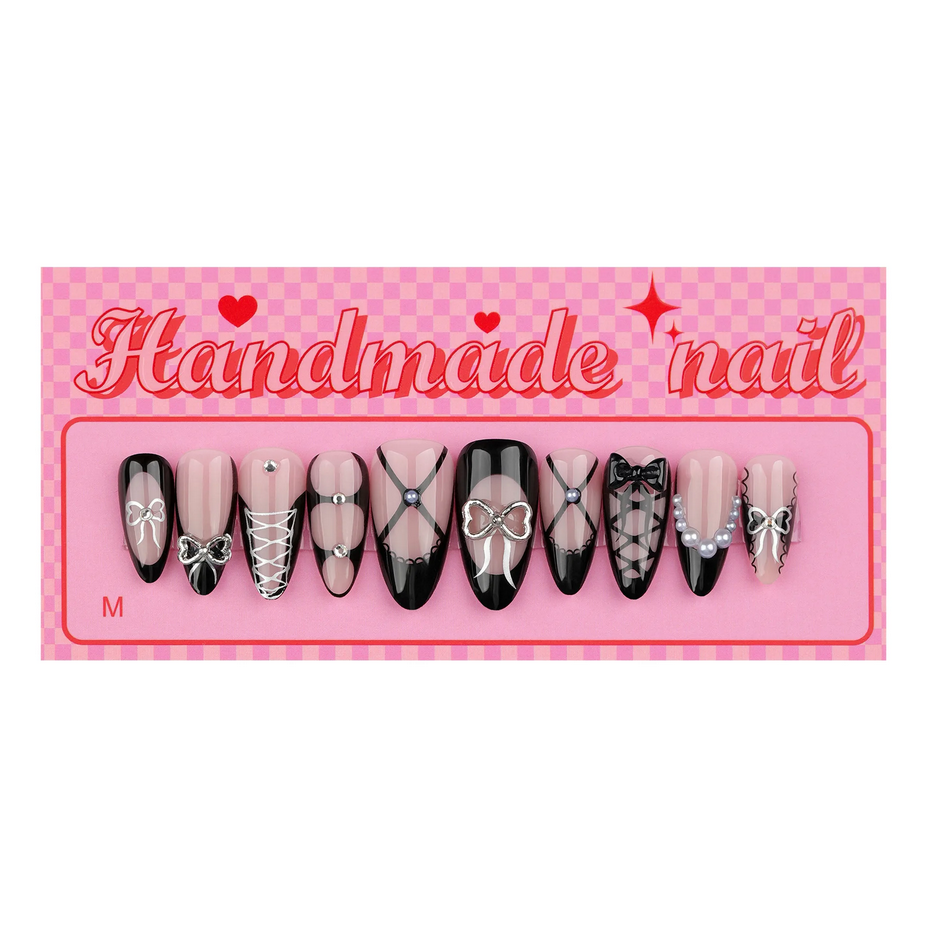 French 3D Black Bow Almond Shape Nails