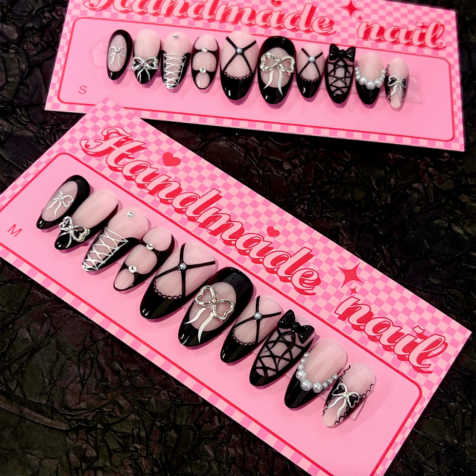 French 3D Black Bow Almond Shape Nails