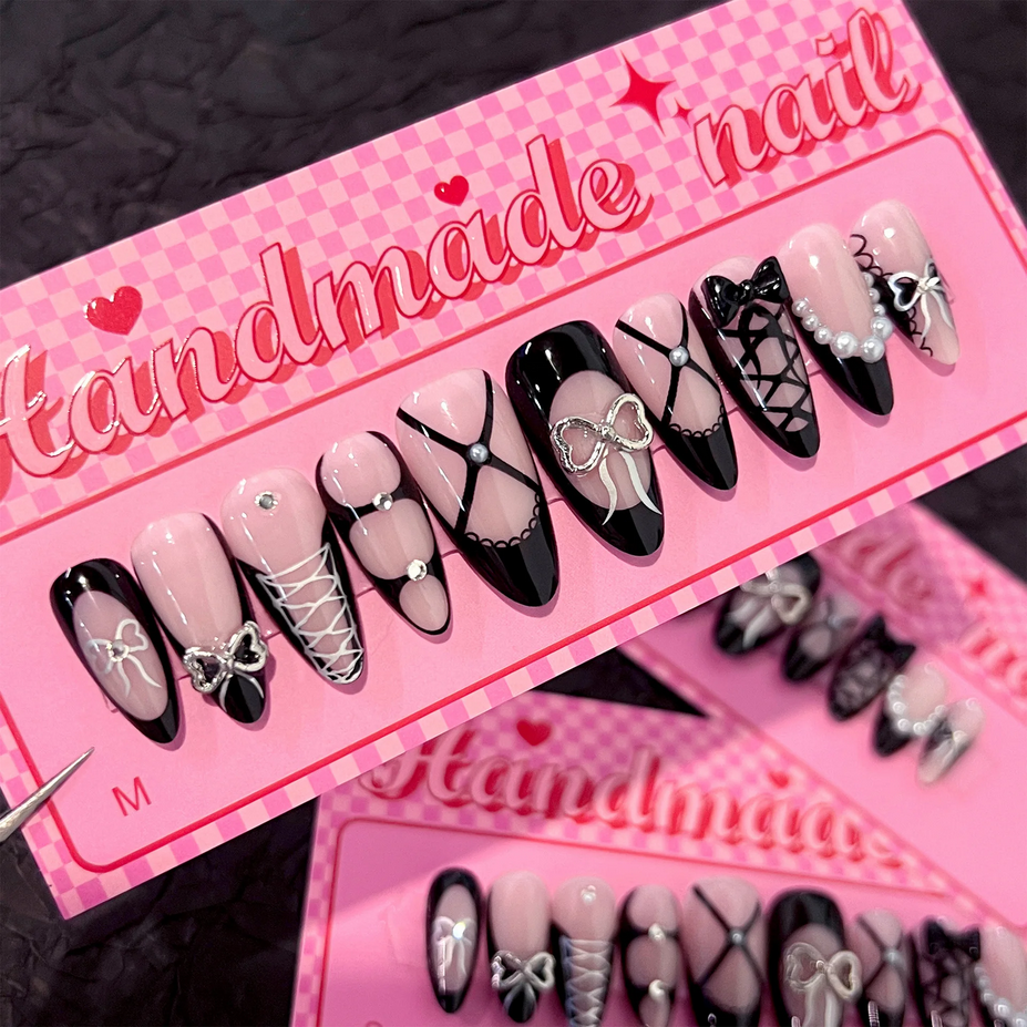 French 3D Black Bow Almond Shape Nails