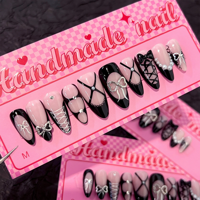 French 3D Black Bow Almond Shape Nails