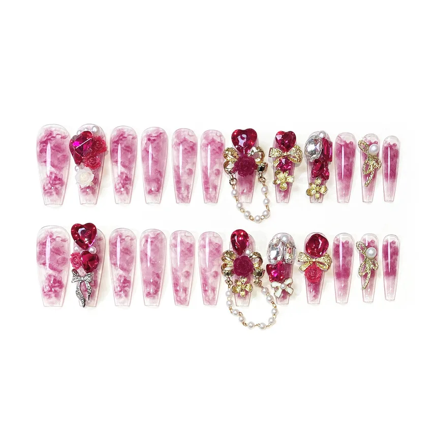 24pcs Handmade Luxury Red Crystal Design False Nails