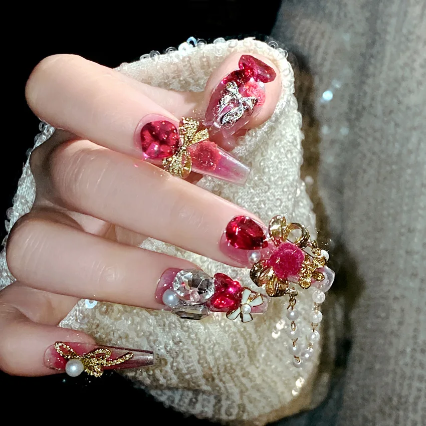 24pcs Handmade Luxury Red Crystal Design False Nails