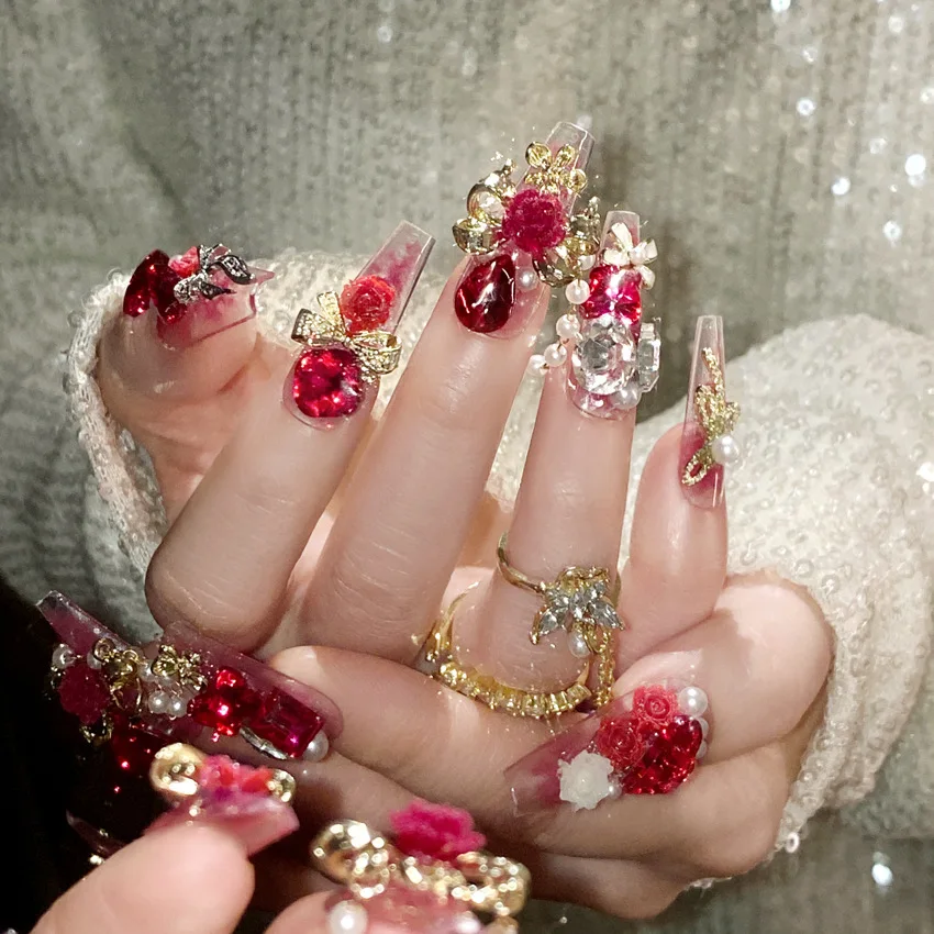 24pcs Handmade Luxury Red Crystal Design False Nails