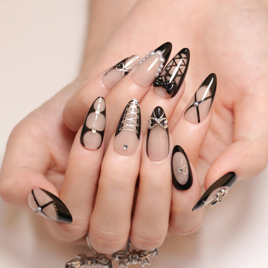 French 3D Black Bow Almond Shape Nails
