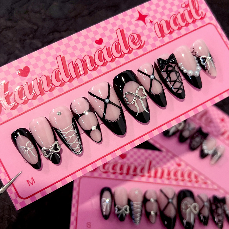 French 3D Black Bow Almond Shape Nails