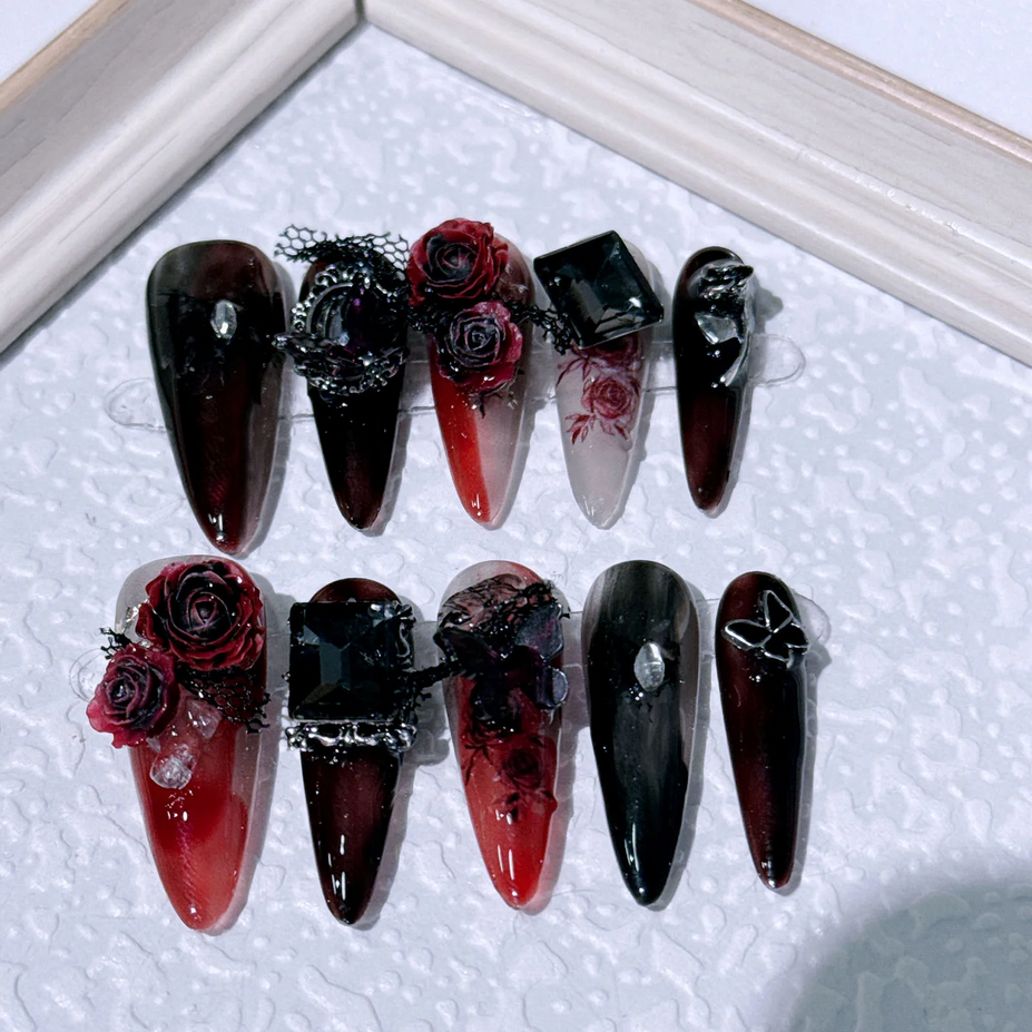 Gothic Vampire Design 10pcs Dark Black False Nails