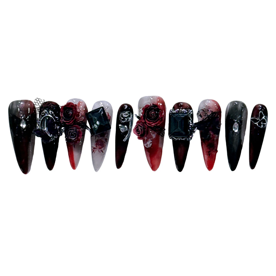 Gothic Vampire Design 10pcs Dark Black False Nails
