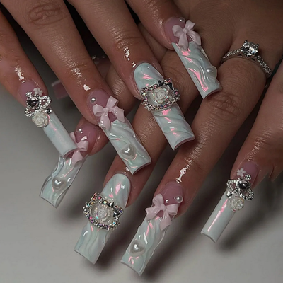 24pcs 3D Pink Bow French False Nails