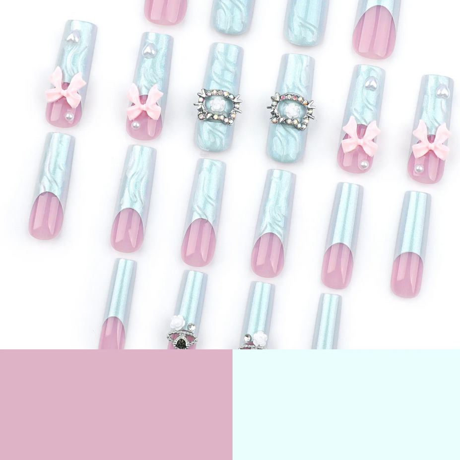 24pcs 3D Pink Bow French False Nails