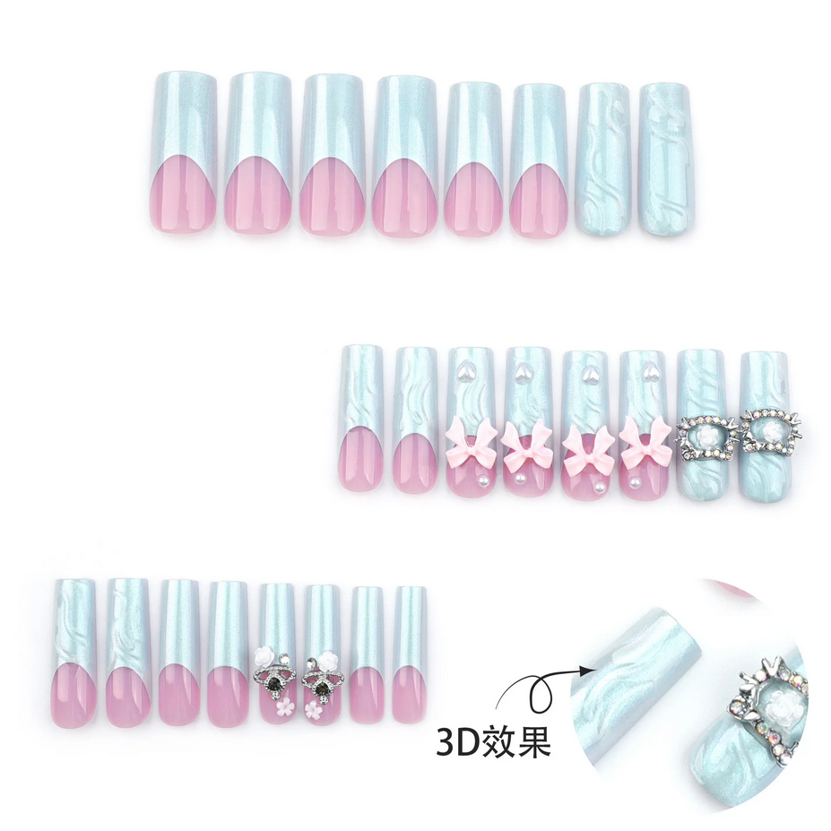 24pcs 3D Pink Bow French False Nails
