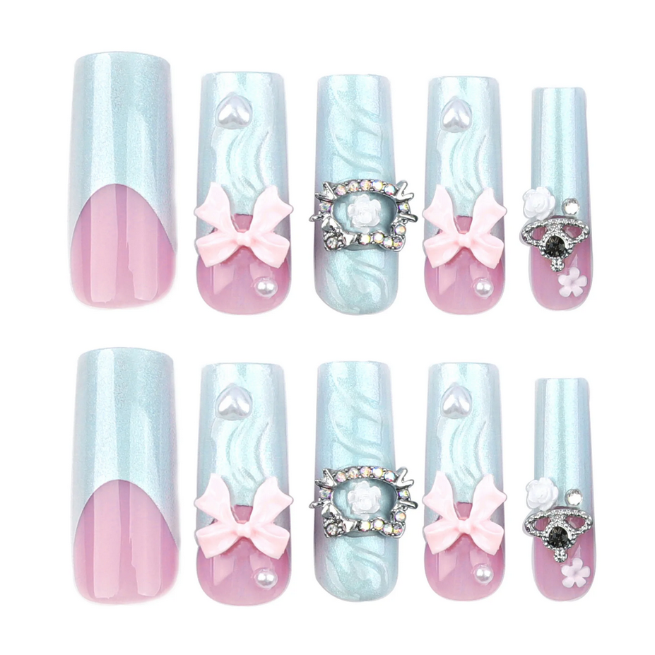 24pcs 3D Pink Bow French False Nails