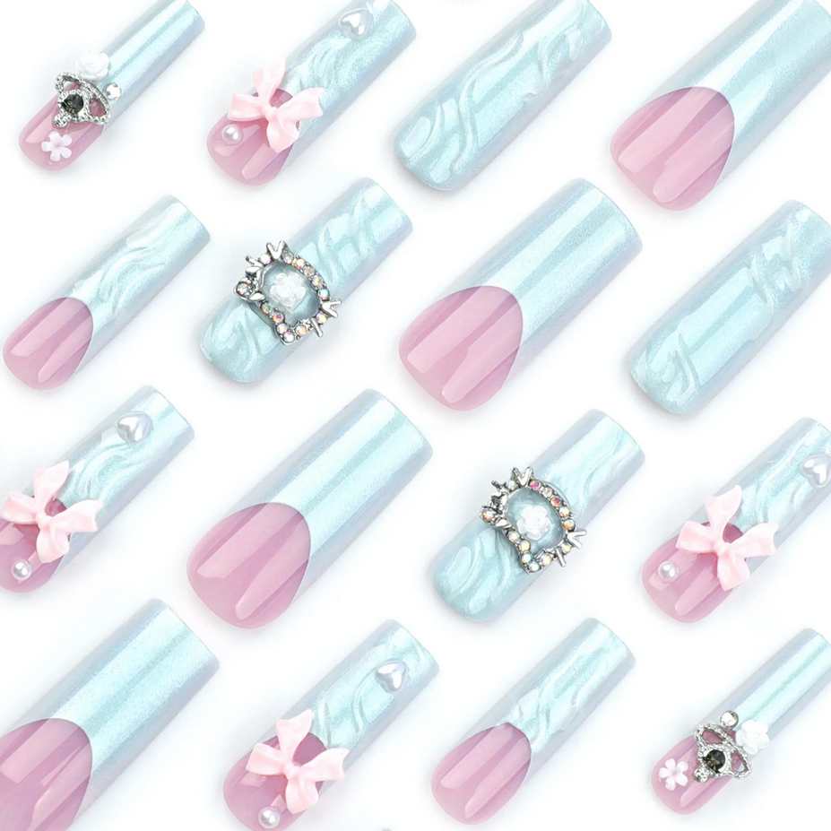 24pcs 3D Pink Bow French False Nails
