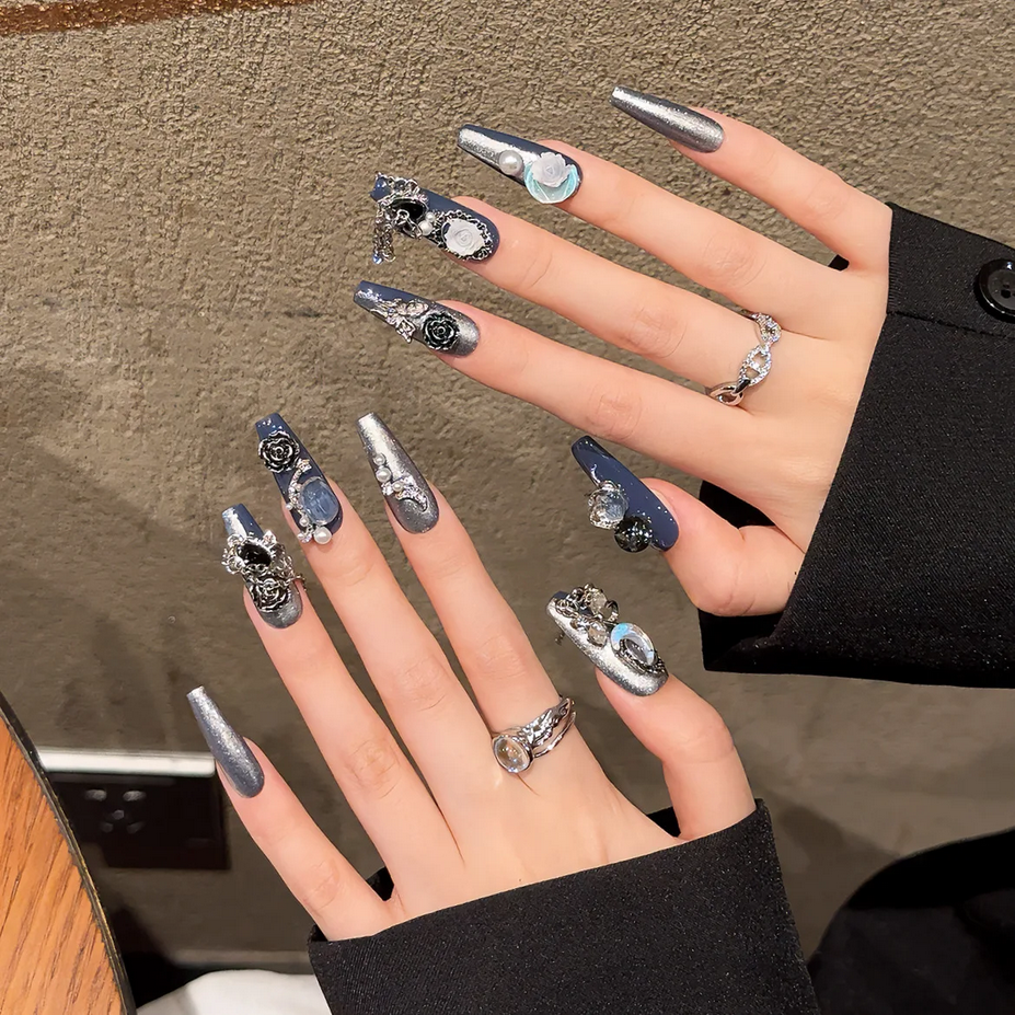 Moon Goddess Dark Blue Handmade Press on Nails