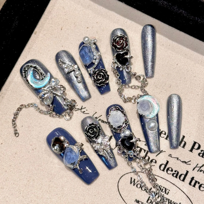 Moon Goddess Dark Blue Handmade Press on Nails