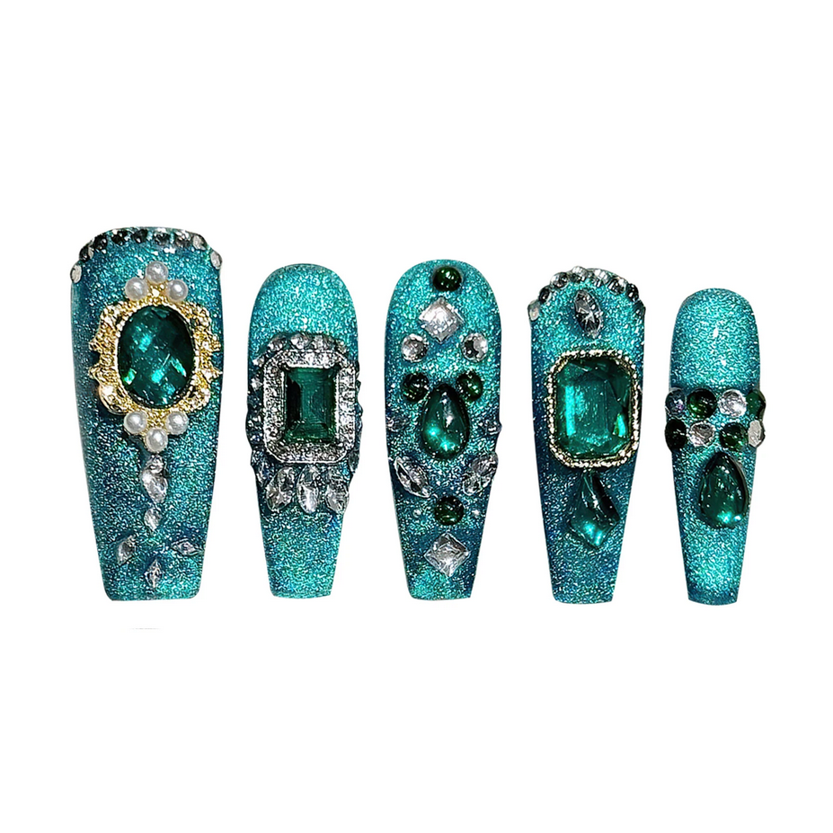 10pcs Handmade Emerald Green Crystals Press on Nails
