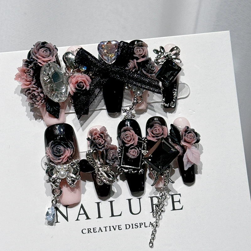 10Pcs High Quality Roses and Bows Y2K Handmade Press On Nails