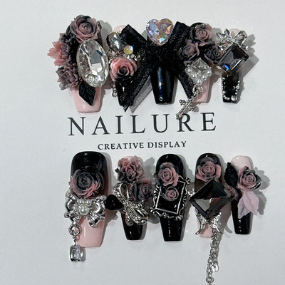 10Pcs High Quality Roses and Bows Y2K Handmade Press On Nails