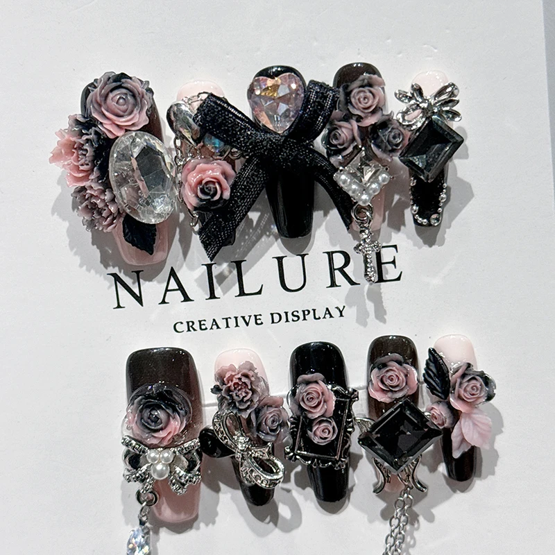 10Pcs High Quality Roses and Bows Y2K Handmade Press On Nails