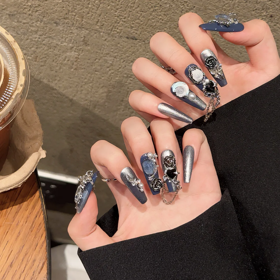 Moon Goddess Dark Blue Handmade Press on Nails