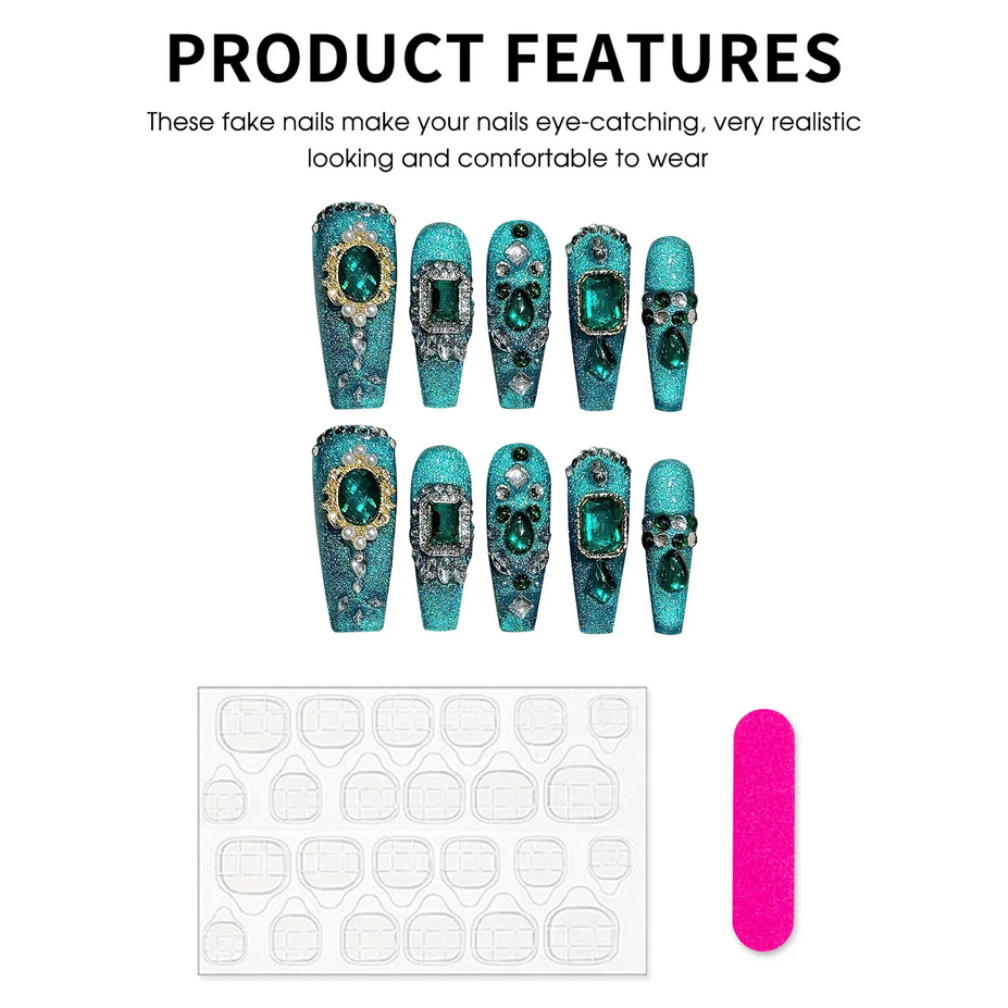 10pcs Handmade Emerald Green Crystals Press on Nails