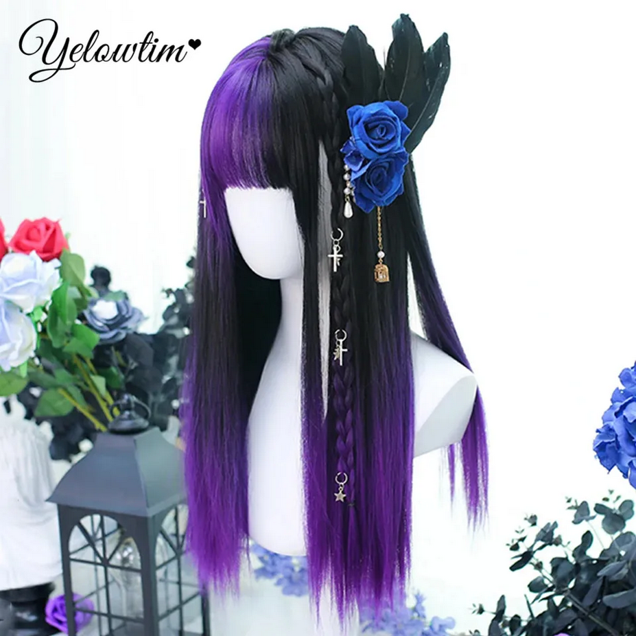 Black and Purple Synthetic Long Straight Lolita Wig