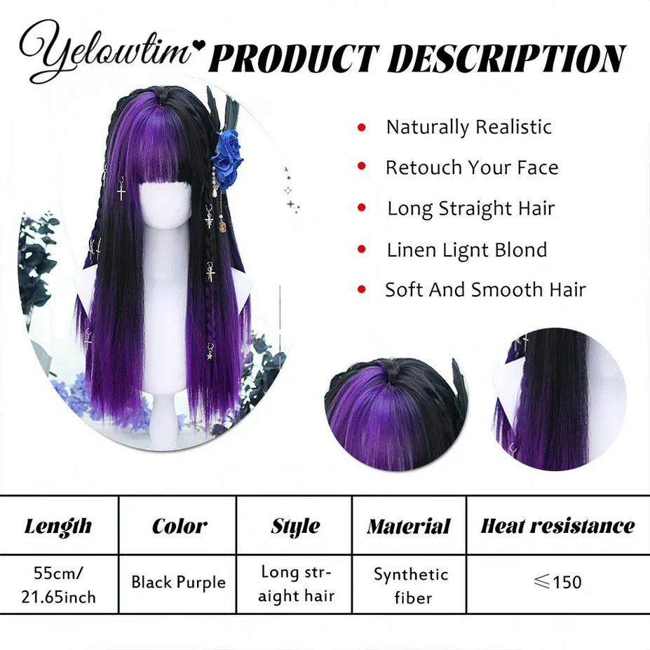 Black and Purple Synthetic Long Straight Lolita Wig