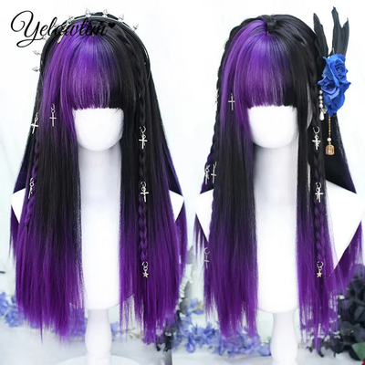 Black and Purple Synthetic Long Straight Lolita Wig