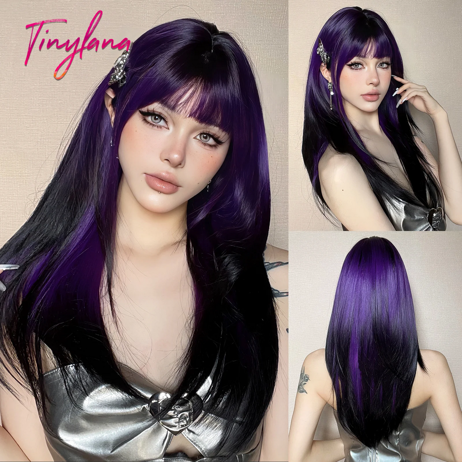 White Blue Ombre Long Synthetic Cosplay Wigs with Bangs